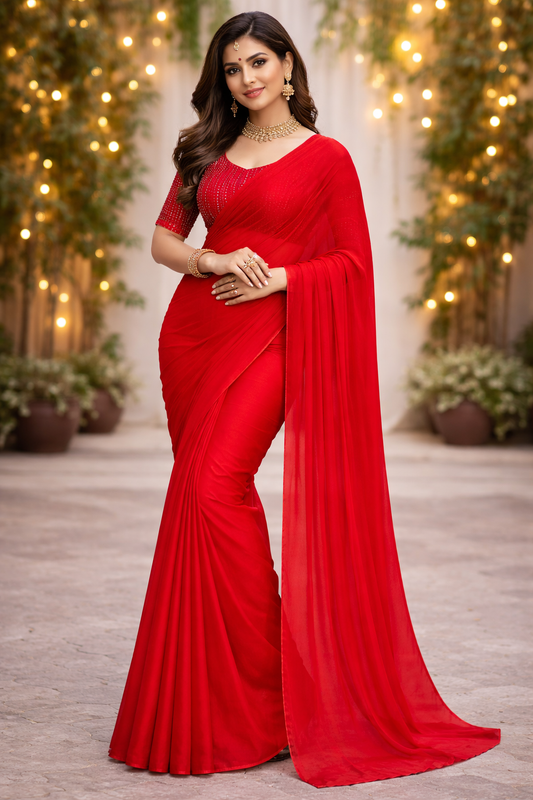 Kumkum Red Crush Tissue Saree with Embroidered Blouse