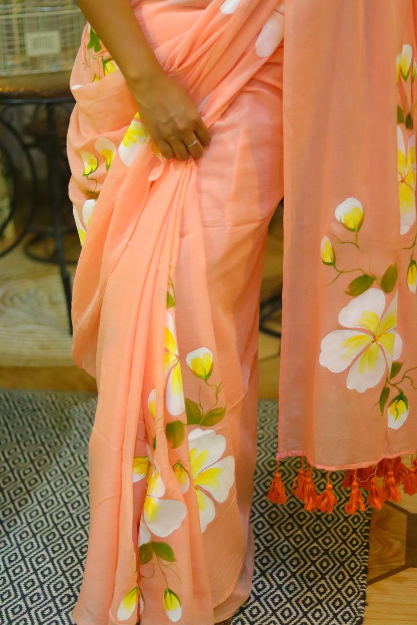 peach blossom mull cotton handprint saree