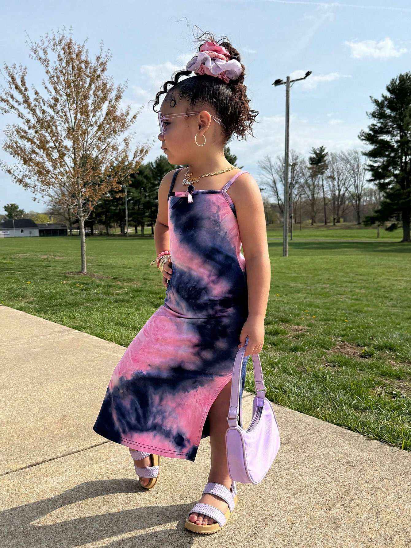 candy cloud pink & navy tie - dye spaghetti dress - yooneck