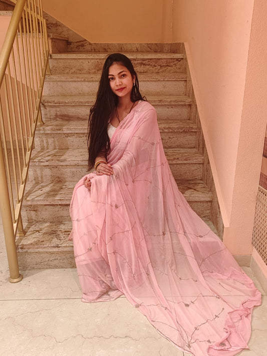 Pink Celestial Intricate Cut-Dana & Nug Work Designer Chiffon Saree