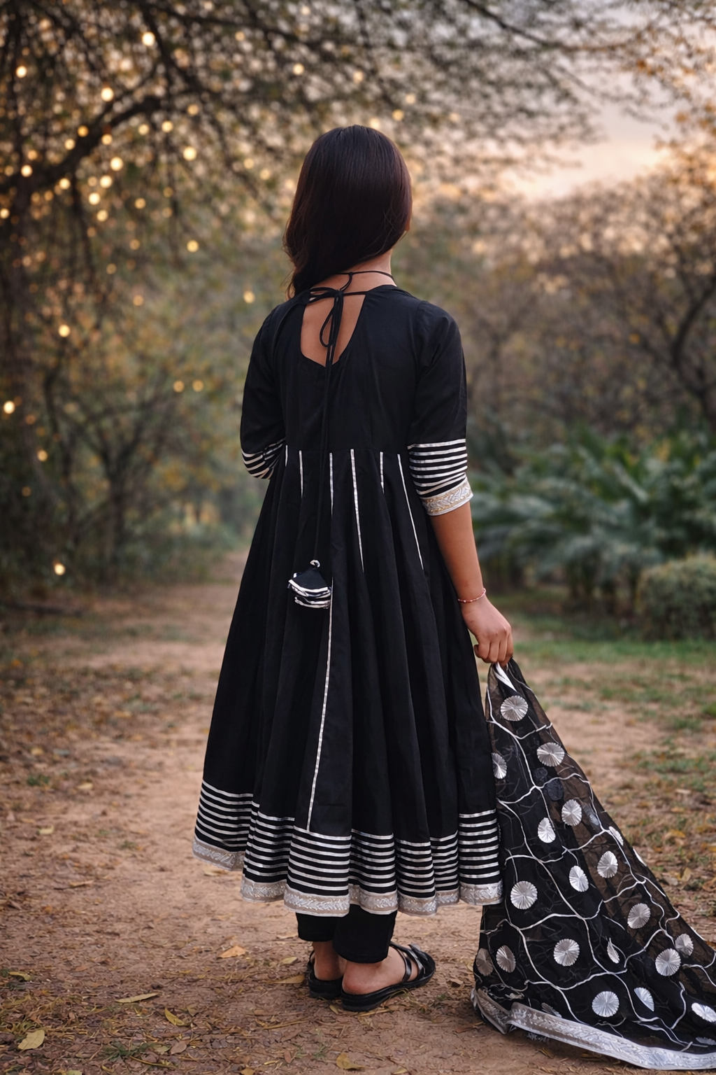 midnight bloom cotton anarkali set with organza dupatta