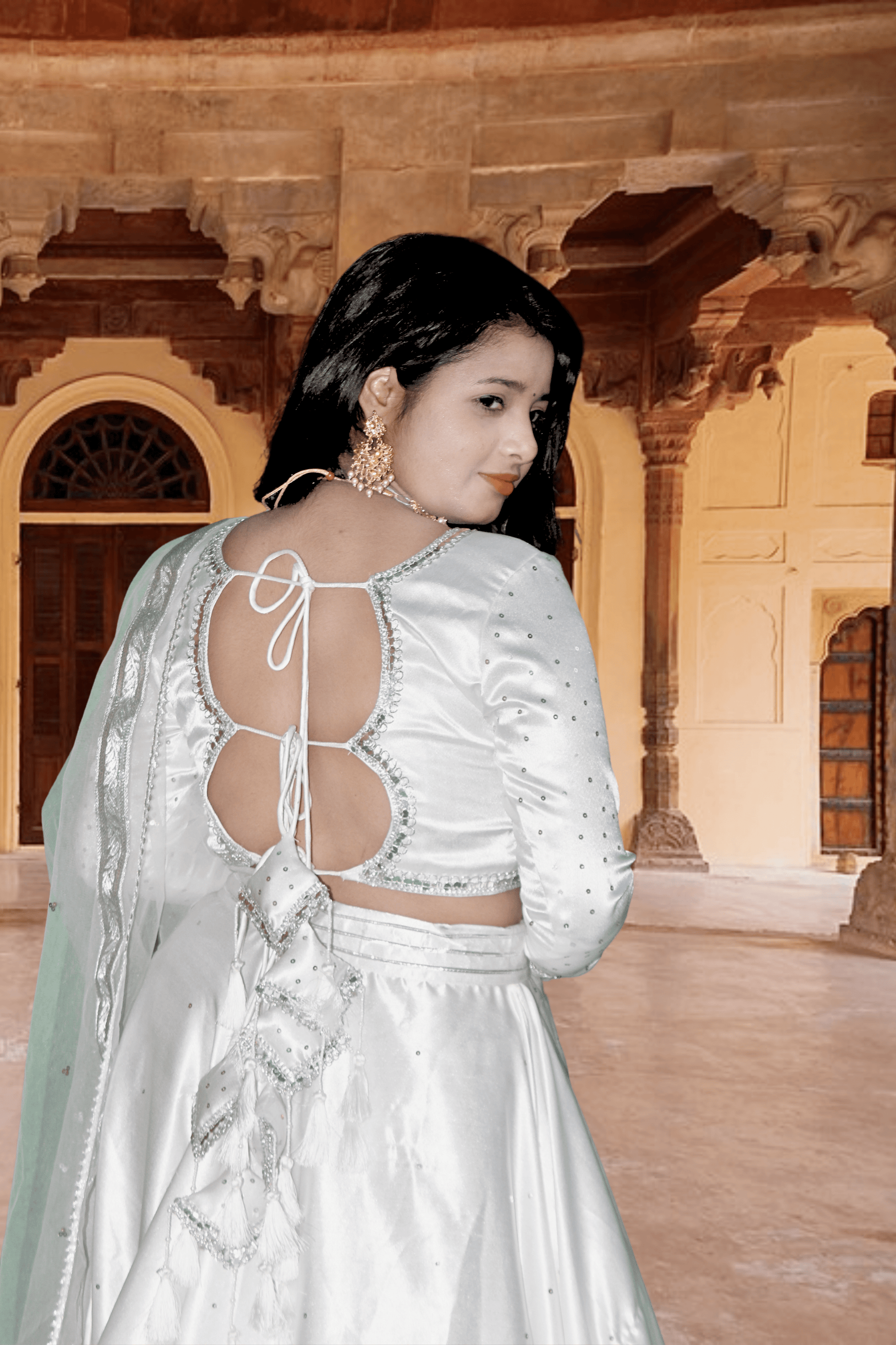 Chandani White Satin Lehenga Set - YOONECK
