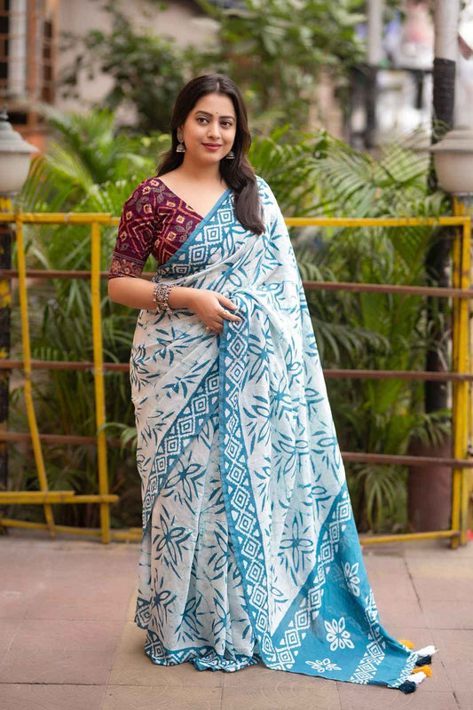Charulata Hand Batik Chanderi Cotton Saree with Ajrakh Blouse - Yooneck