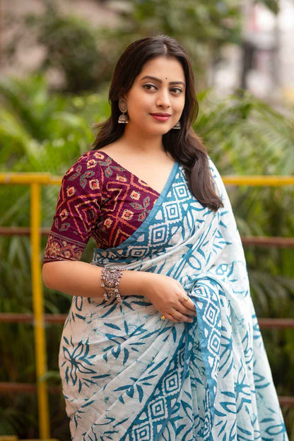 Charulata Hand Batik Chanderi Cotton Saree with Ajrakh Blouse - Yooneck