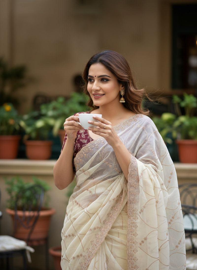 ivory charm georgette embroidered saree
