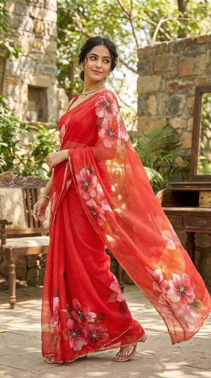 Red Chilli Floral Digital Print Royal Georgette Saree - Yooneck