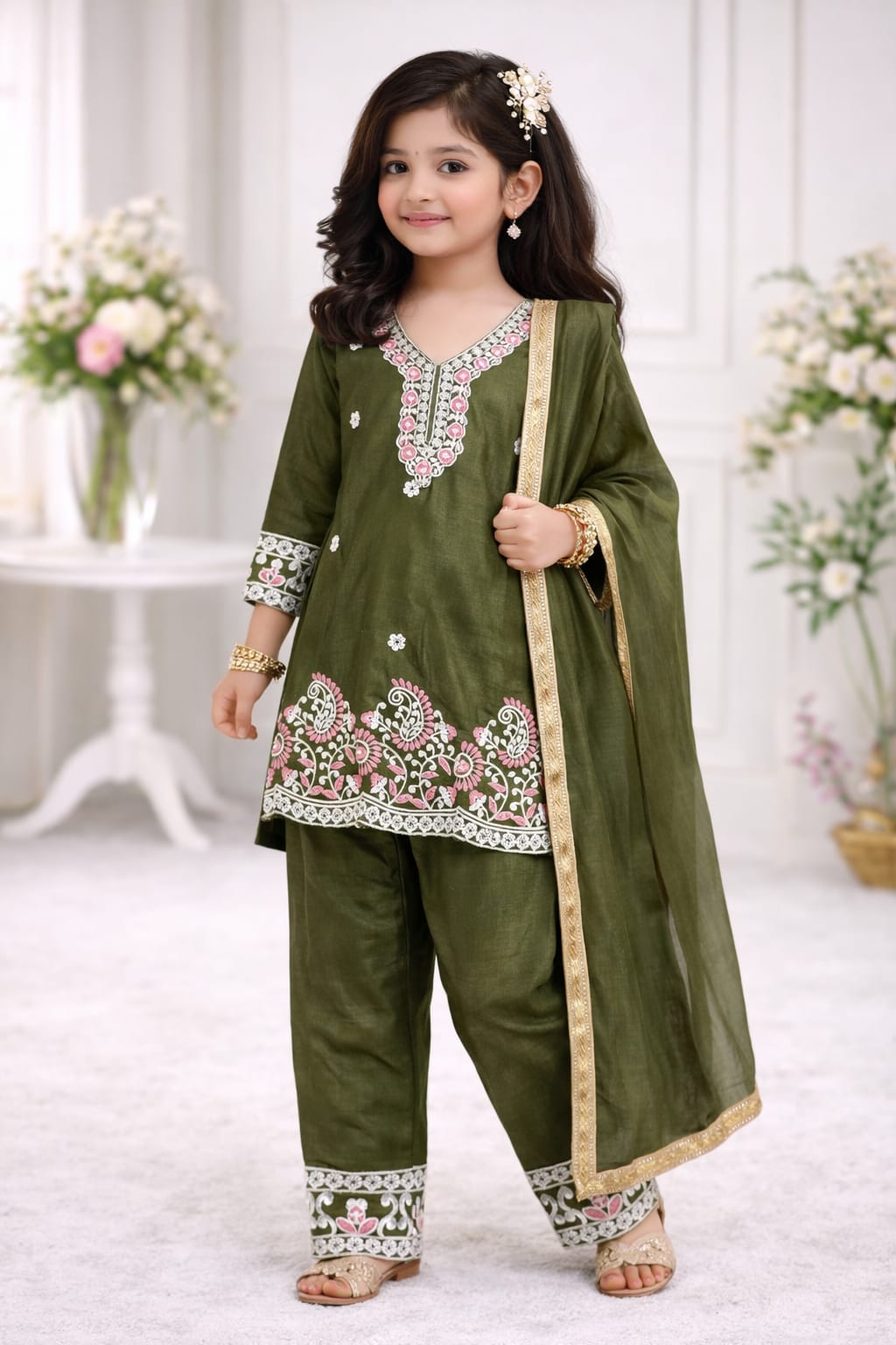afsha embroidered silk kids suit set with dupatta