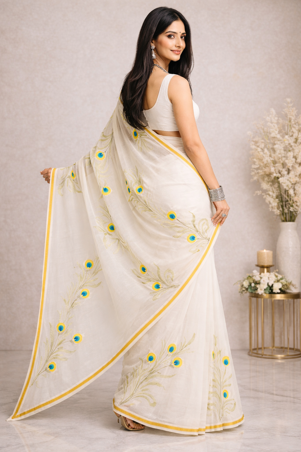 morpakhi handpainted birla cotton saree with golden zari border - yooneck