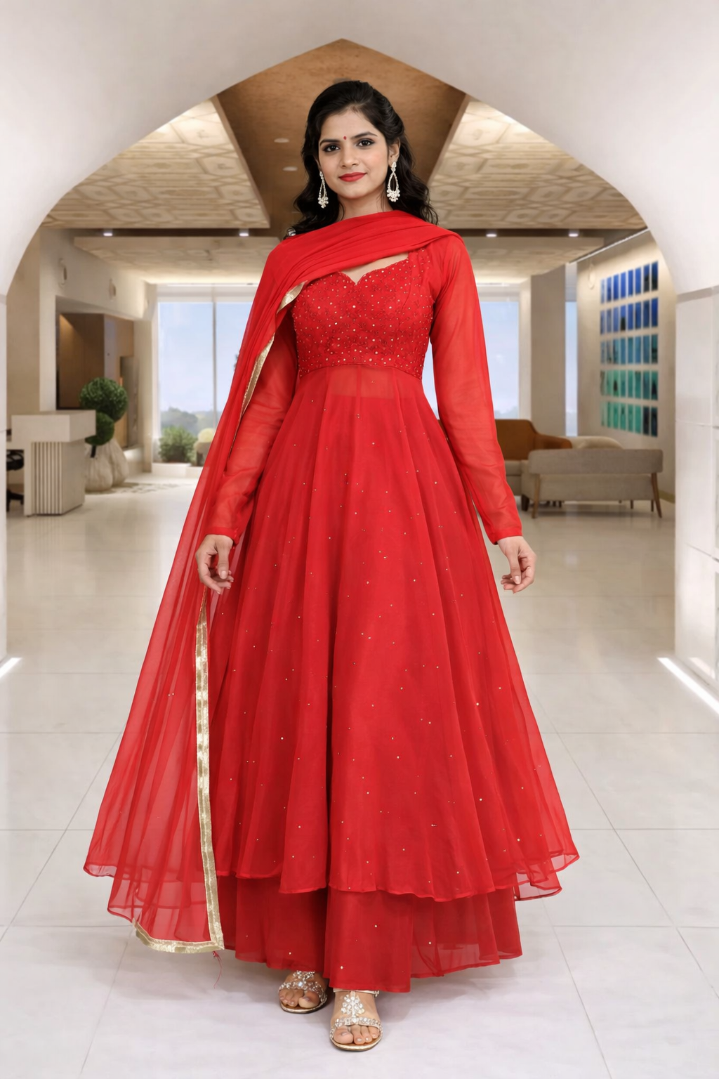 khanak red georgette anarkali suit set - yooneck