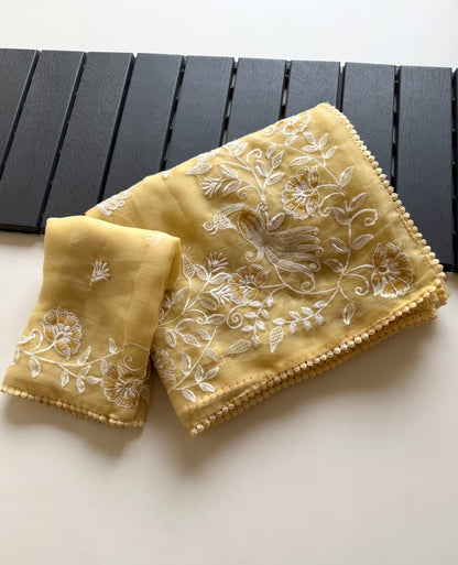 Surya Pankh Mustard Embroidered Chiffon Saree