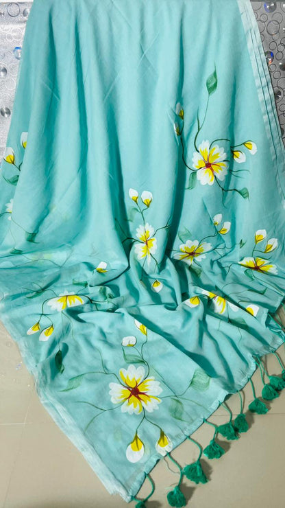 Aqua Bloom Premium Mull Cotton Handprint Saree