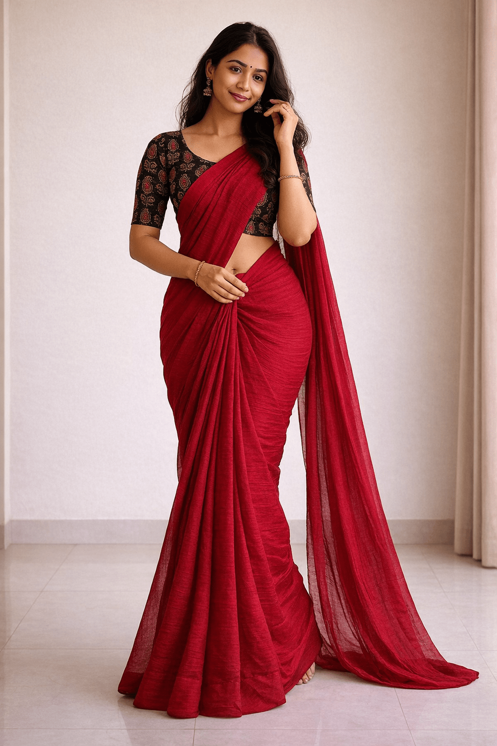 Devyani Soft Crush Chiffon Saree with Printed Blouse - Yooneck