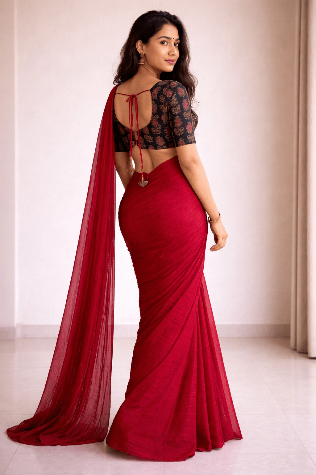 devyani soft crush chiffon saree with printed blouse - yooneck