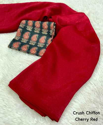 Devyani Soft Crush Chiffon Saree with Printed Blouse - Yooneck