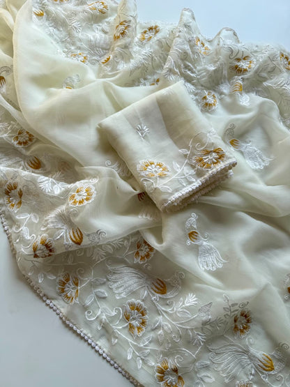 Ivory Gulnaar Embroidered Chiffon Saree
