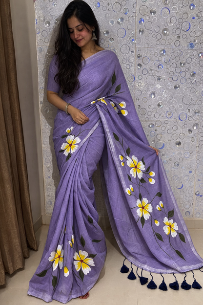 Lavender Bloom Premium Mull Cotton Handprint Saree