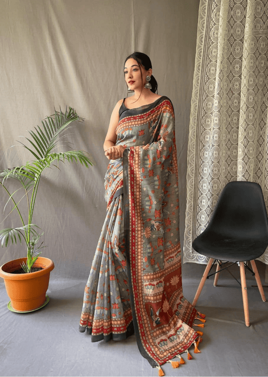 Divyanka Kalamkari Malai Cotton Saree - Yooneck