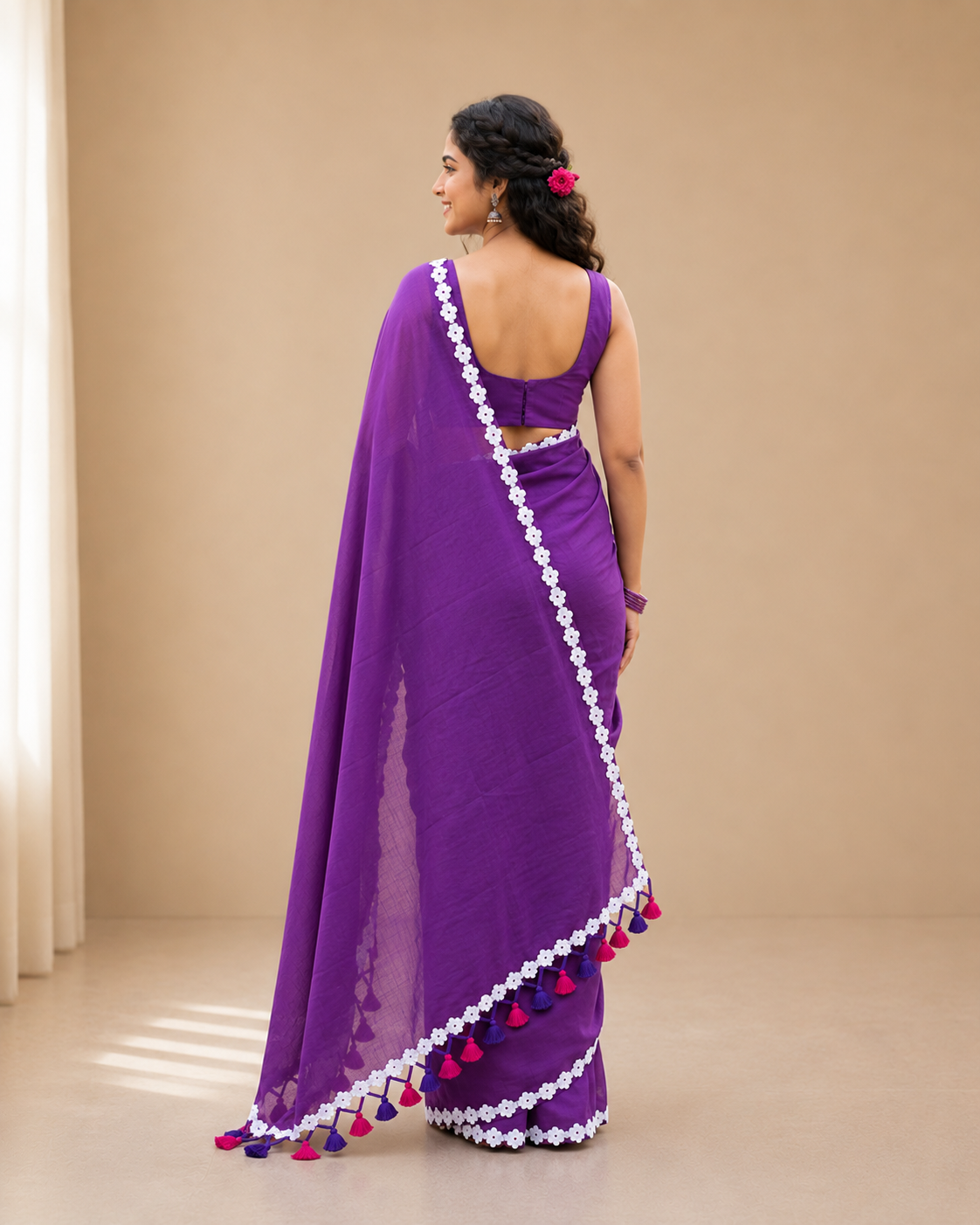jhilmil royal purple mul cotton saree with floral lace border