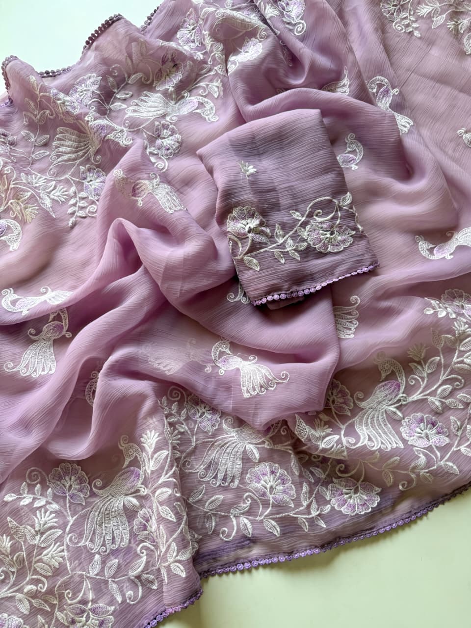 lavender noor bird embroidered chiffon saree