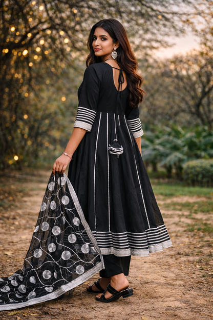 Noir Grace Pure Cotton Anarkali Set with Gotta Work Organza Dupatta