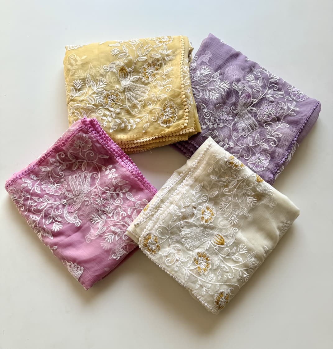 lavender noor bird embroidered chiffon saree