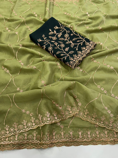 Olive Royale Georgette Embroidered Saree