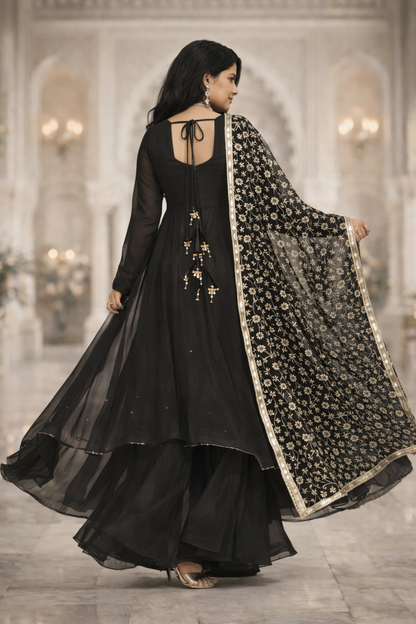 Siyahi Black Georgette Anarkali Suit Set - Yooneck
