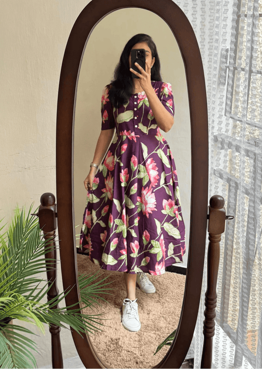 Elegant Lotus Bloom Soft Cotton Floral Dress - Yooneck
