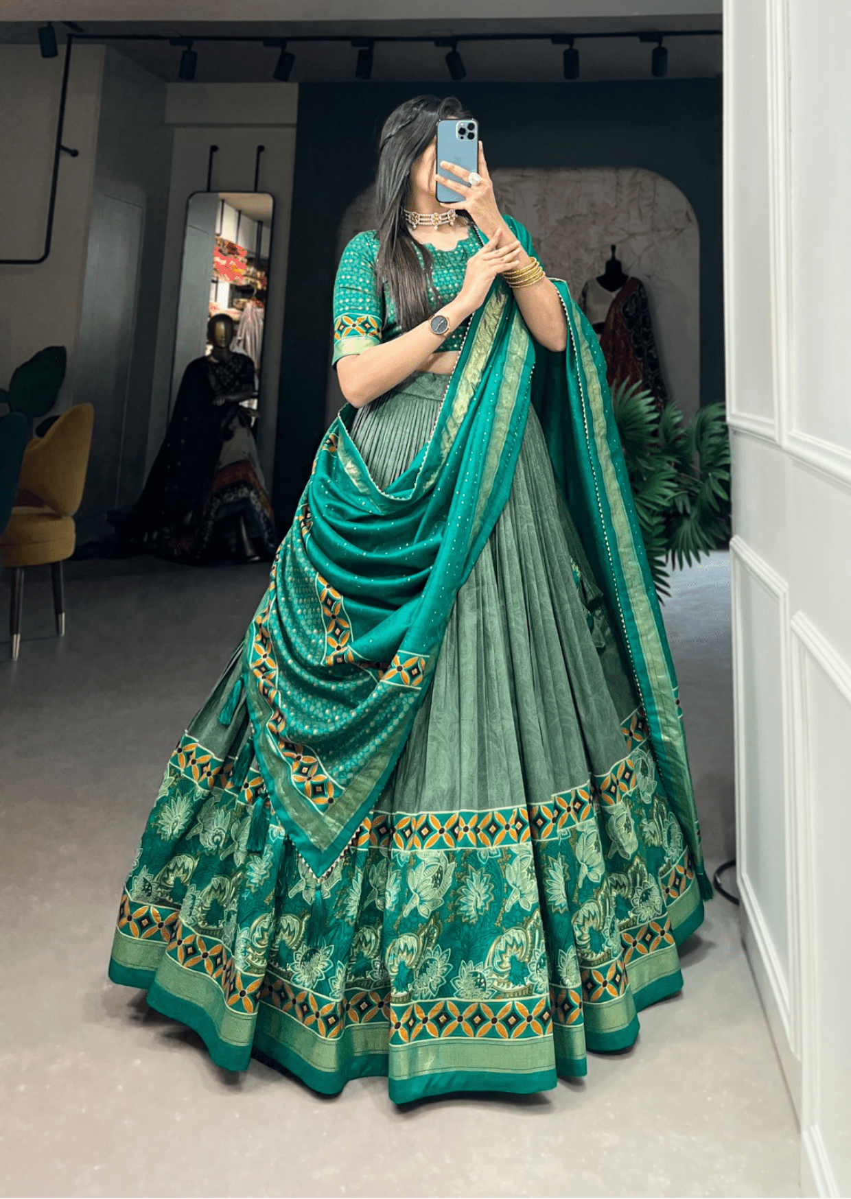 Emerald Foil Floral Tasar Silk Lehenga Set - Yooneck