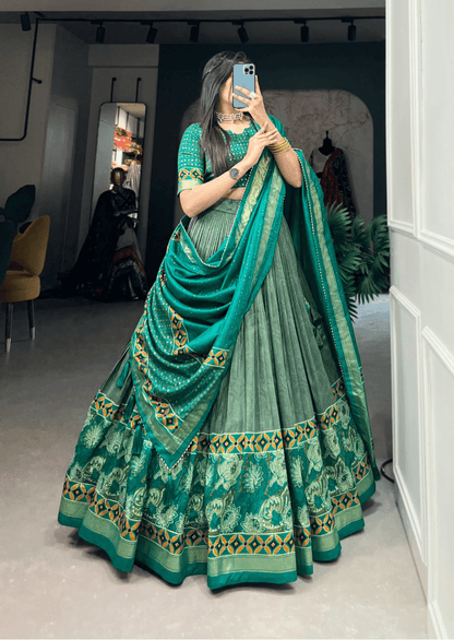 Emerald Foil Floral Tasar Silk Lehenga Set - Yooneck