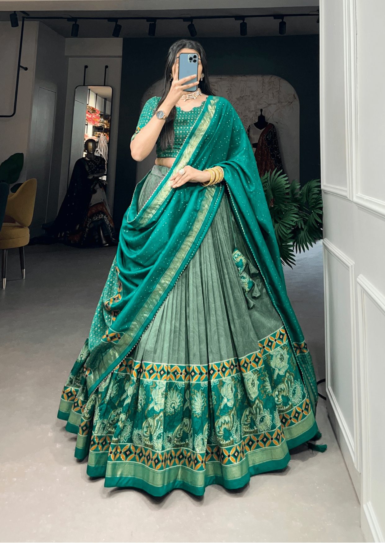 Emerald Foil Floral Tasar Silk Lehenga Set - Yooneck