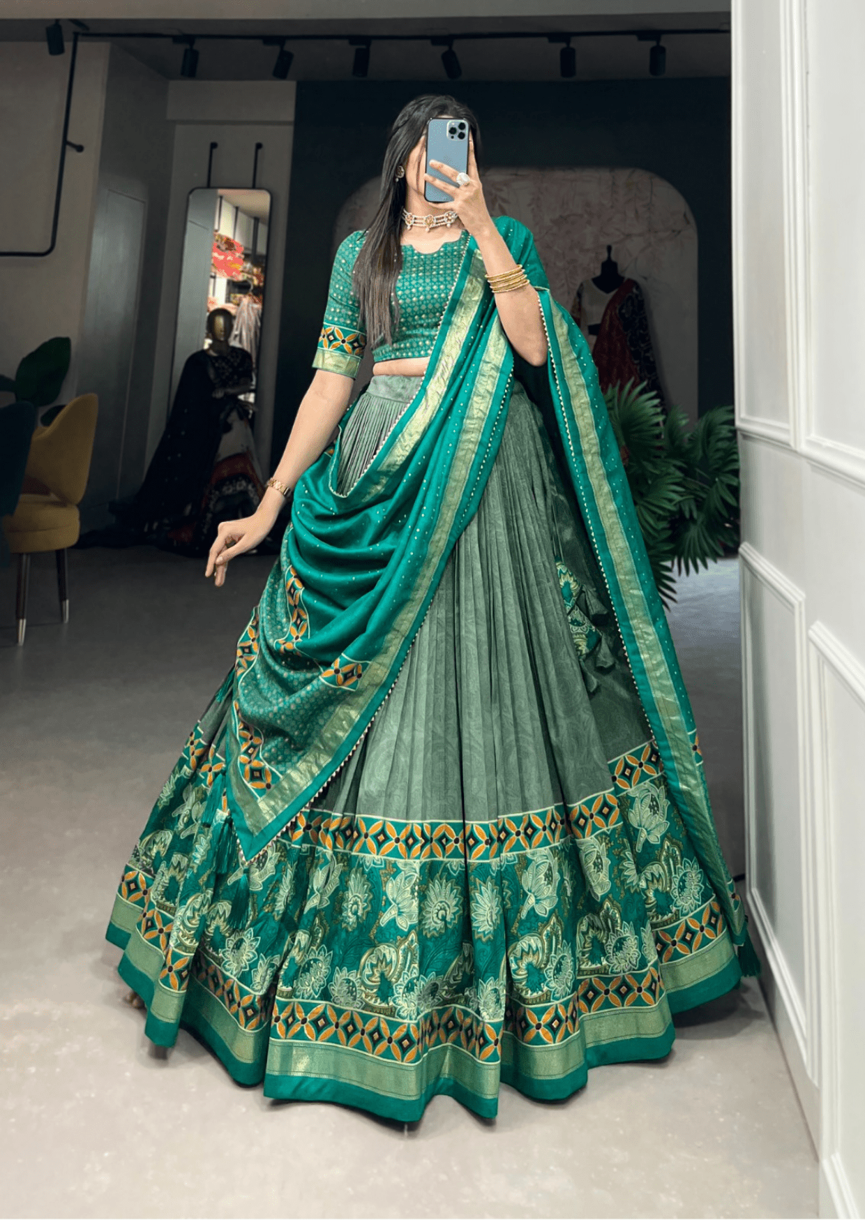Emerald Foil Floral Tasar Silk Lehenga Set - Yooneck
