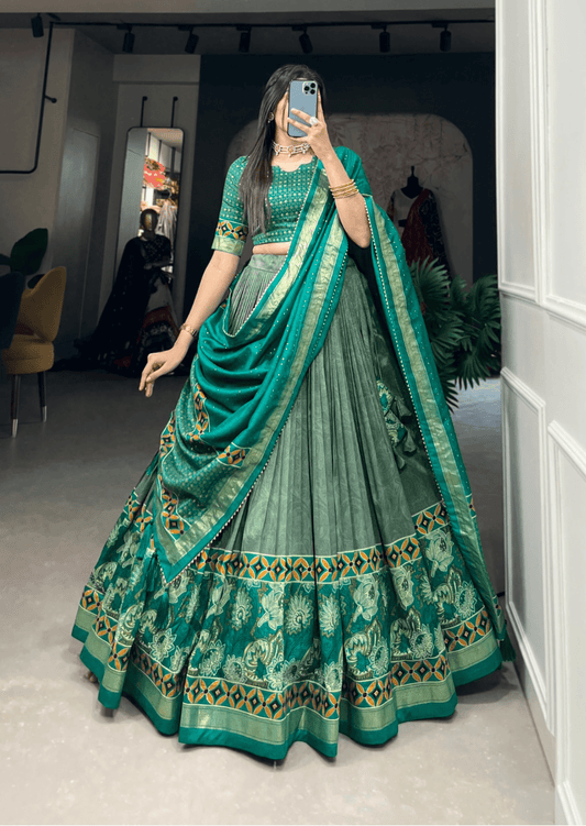 Emerald Foil Floral Tasar Silk Lehenga Set - Yooneck
