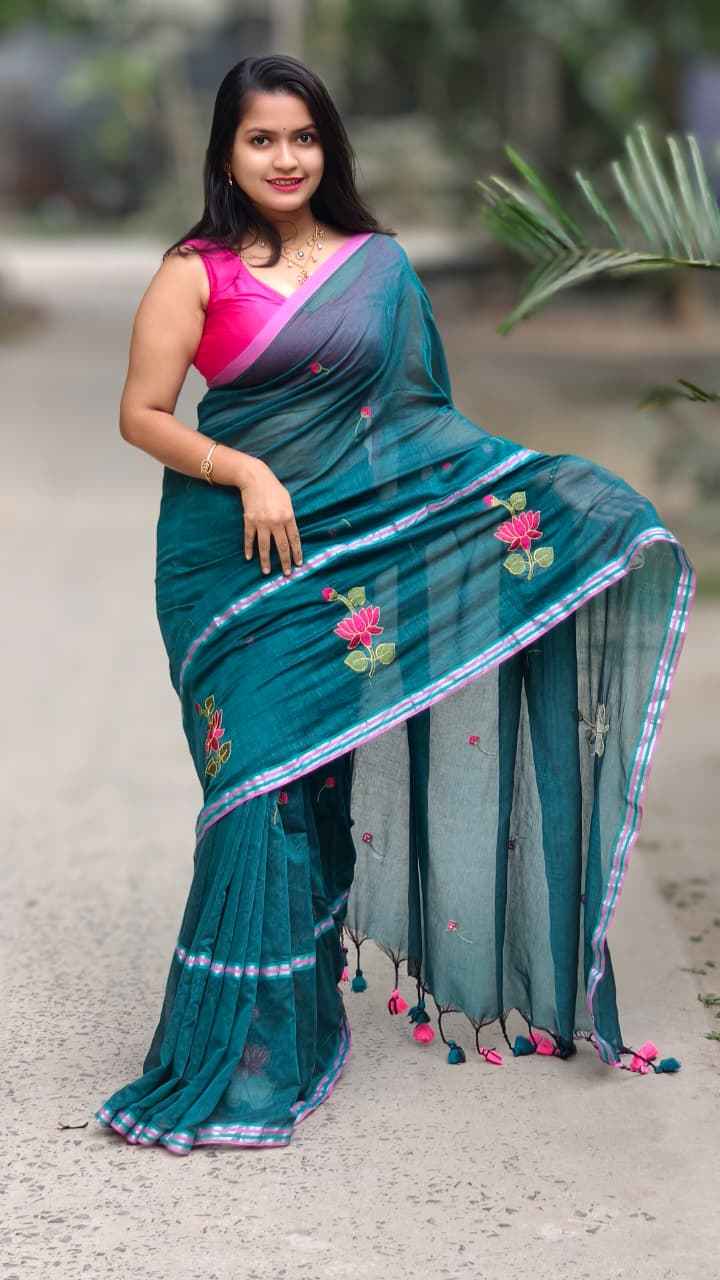 Emerald Grace Mul Cotton Embroidered Saree - Yooneck