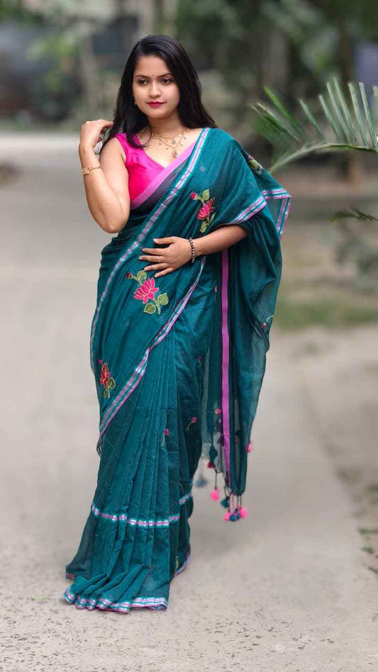 Emerald Grace Mul Cotton Embroidered Saree - Yooneck