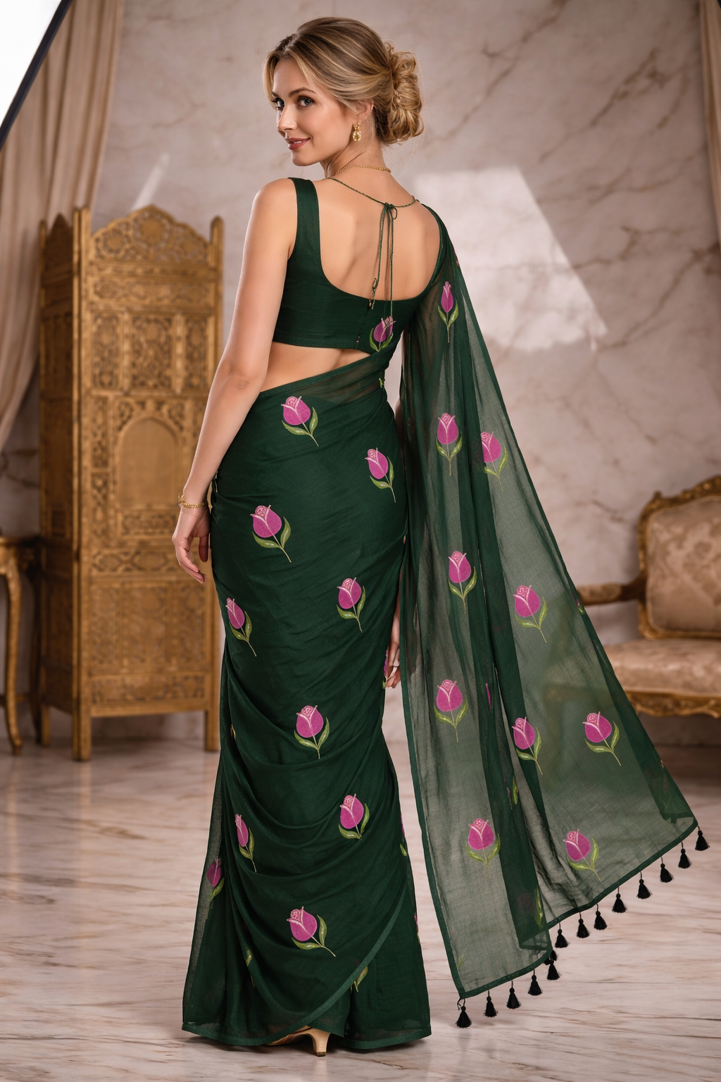 gulrang noir handpainted mulmul cotton saree
