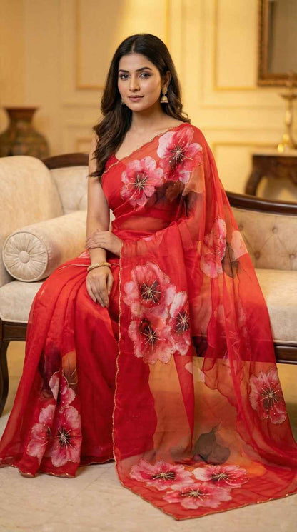 Red Chilli Floral Digital Print Royal Georgette Saree - Yooneck