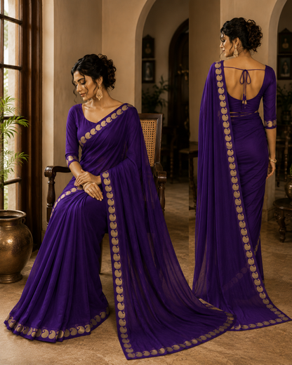 Rivaa Royal Purple Viscose Georgette Saree - Yooneck