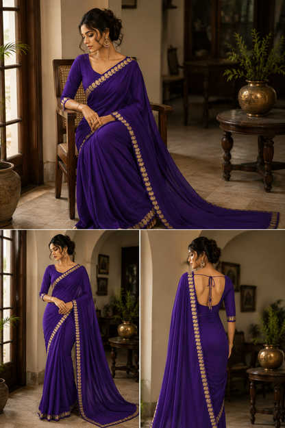 Rivaa Royal Purple Viscose Georgette Saree - Yooneck