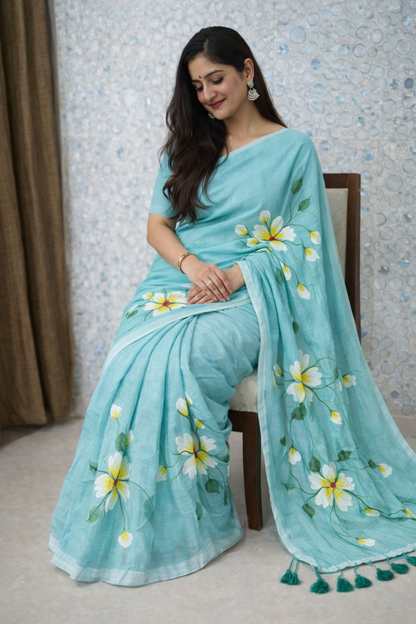 Aqua Bloom Premium Mull Cotton Handprint Saree