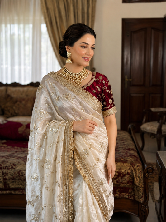 Madhubala Ivory Saree with Stitched Blouse - Yooneck