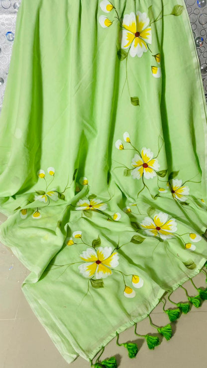 Pistachio Bloom Premium Mull Cotton Handprint Saree