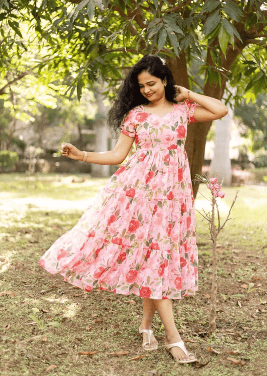 Floral Bliss Pink A - Line Dress - Yooneck