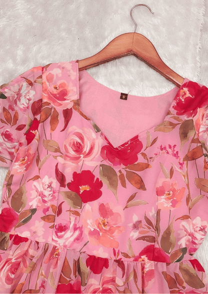 Floral Bliss Pink A - Line Dress - Yooneck