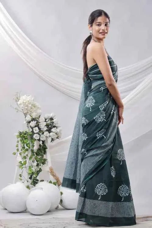 forest grace deep green handblock cotton saree - yooneck
