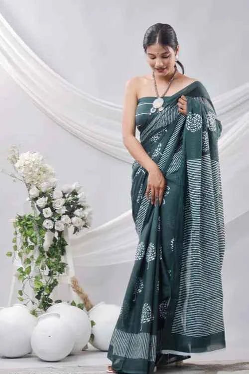 forest grace deep green handblock cotton saree - yooneck