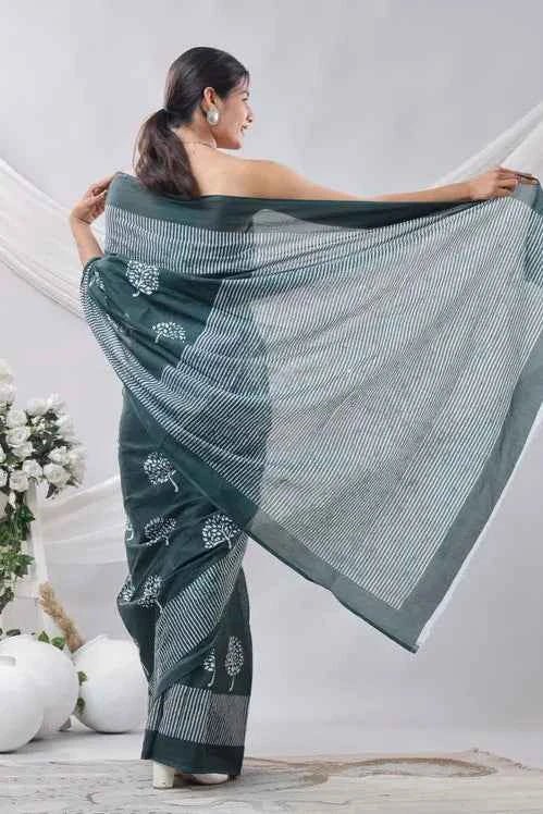 Forest Grace Deep Green Handblock Cotton Saree - Yooneck