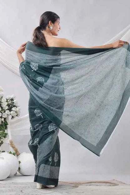 Forest Grace Deep Green Handblock Cotton Saree - Yooneck