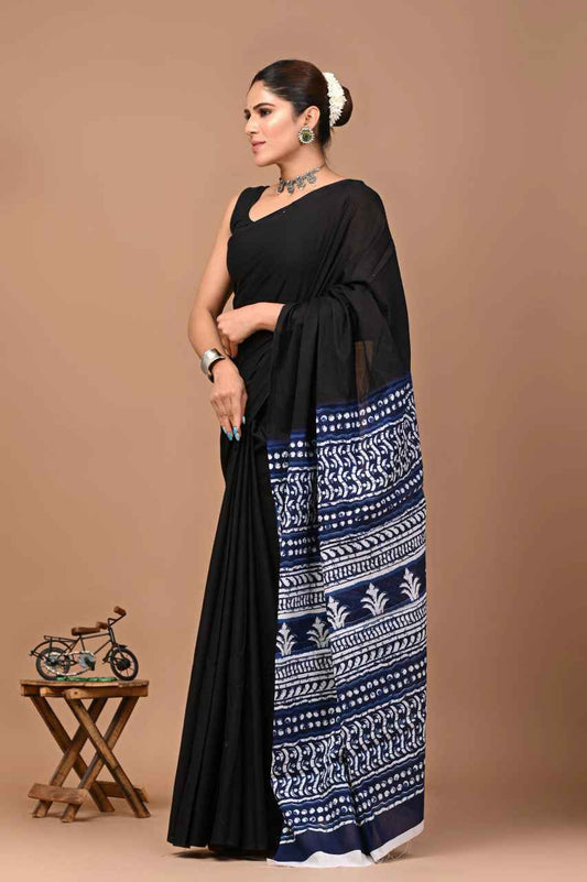 Ragini Black Mulmul Cotton Saree with Handcrafted Indigo Ajrakh Pallu