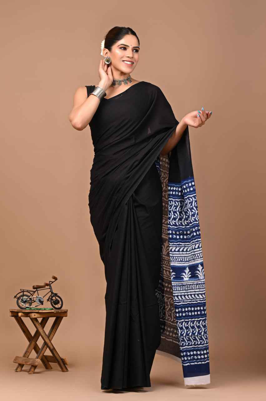 ragini black mulmul cotton saree with handcrafted indigo ajrakh pallu